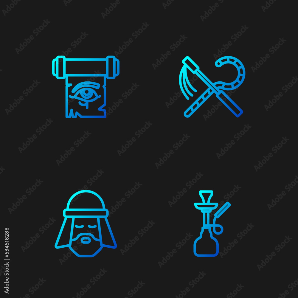 Set line Hookah, Egyptian man, Eye of Horus on papyrus scroll and Crook and flail. Gradient color icons. Vector Set line Hookah, Egyptian man, Eye of Horus on papyrus scroll and Crook and flail. Gradient color icons. Vector