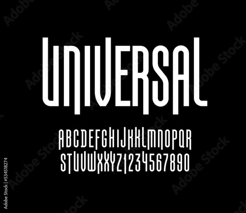 Condensed font, narrow alphabet, modern letters and numbers, for your designs: logo, movie banner, cinema poster, header, title