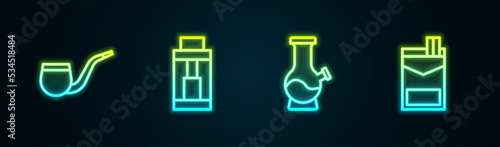 Set line No pipe smoking, Vape mod device, Bong and Cigarettes pack box. Glowing neon icon. Vector