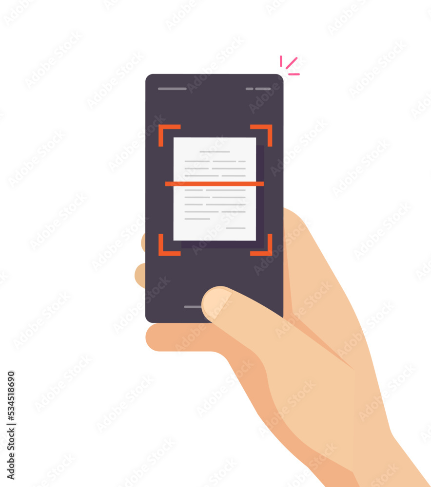 Person scanning text document via mobile cellphone vector illustrated design, recognize scan of doc photo on cell phone smartphone application image Person scanning text document via mobile cellphone vector illustrated design, recognize scan of doc photo on cell phone smartphone application image