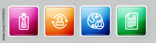 Set line Identification badge, Exchange work, Globe and people and Resume. Colorful square button. Vector