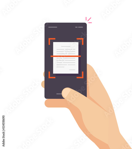 Person scanning text document via mobile cellphone vector illustrated design, recognize scan of doc photo on cell phone smartphone application image