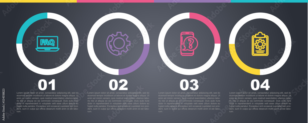 Set line Laptop and FAQ, Telephone 24 hours support, Mobile with question and Checklist service. Business infographic template. Vector Set line Laptop and FAQ, Telephone 24 hours support, Mobile with question and Checklist service. Business infographic template. Vector