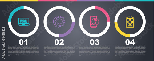 Set line Laptop and FAQ, Telephone 24 hours support, Mobile with question and Checklist service. Business infographic template. Vector