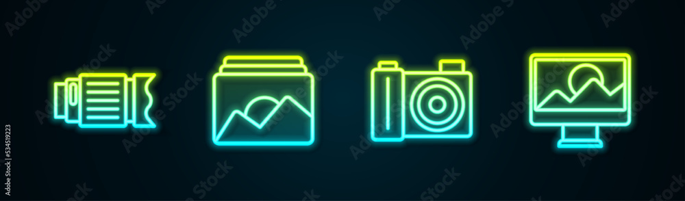 Set line Camera photo lens, Photo frame, camera and retouching. Glowing neon icon. Vector Set line Camera photo lens, Photo frame, camera and retouching. Glowing neon icon. Vector