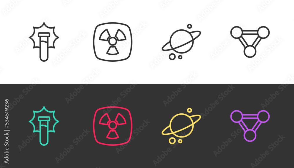 Set line Explosion in the flask, Radioactive, Planet Saturn and Molecule on black and white. Vector Set line Explosion in the flask, Radioactive, Planet Saturn and Molecule on black and white. Vector