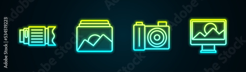 Set line Camera photo lens, Photo frame, camera and retouching. Glowing neon icon. Vector