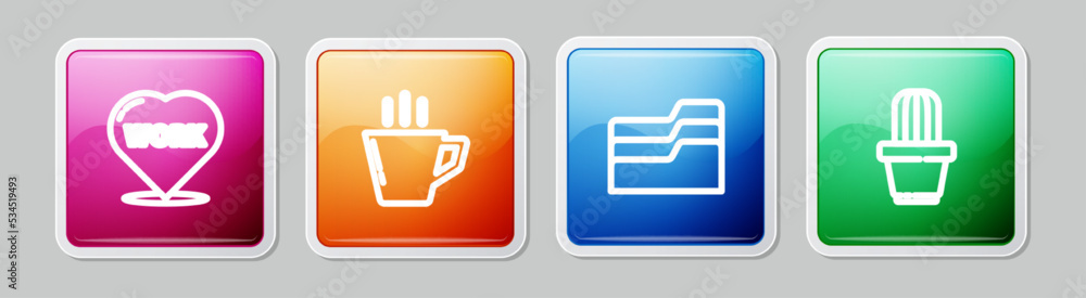 Set line Heart with text work, Coffee cup, Document folder and Cactus and succulent in pot. Colorful square button. Vector Set line Heart with text work, Coffee cup, Document folder and Cactus and succulent in pot. Colorful square button. Vector
