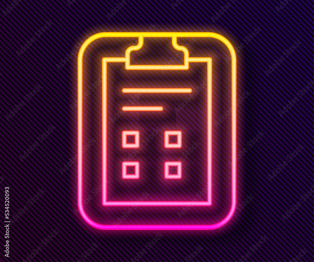 Glowing neon line Exam sheet with check mark icon isolated on black background. Test paper, exam, or survey concept. School test or exam. Vector Glowing neon line Exam sheet with check mark icon isolated on black background. Test paper, exam, or survey concept. School test or exam. Vector