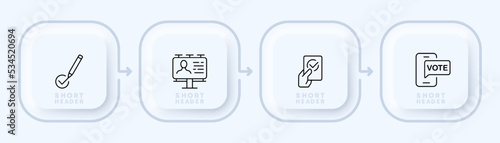 Polling station set icon. Pen, tick, vote, referendum, petition, election, vote, victory, debate, will, politics. Voting concept. Neomorphism style. Vector line icon for Business and Advertising