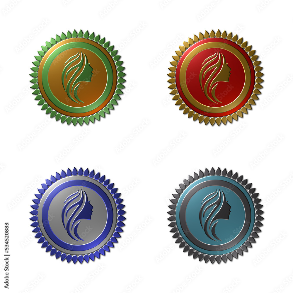 Set of 4 - 3D rendered illustrations of seals with drops forming the circumference and profile of a young woman in the centre, all with a metallic texture finish, isolated on a white background. Set of 4 - 3D rendered illustrations of seals with drops forming the circumference and profile of a young woman in the centre, all with a metallic texture finish, isolated on a white background.