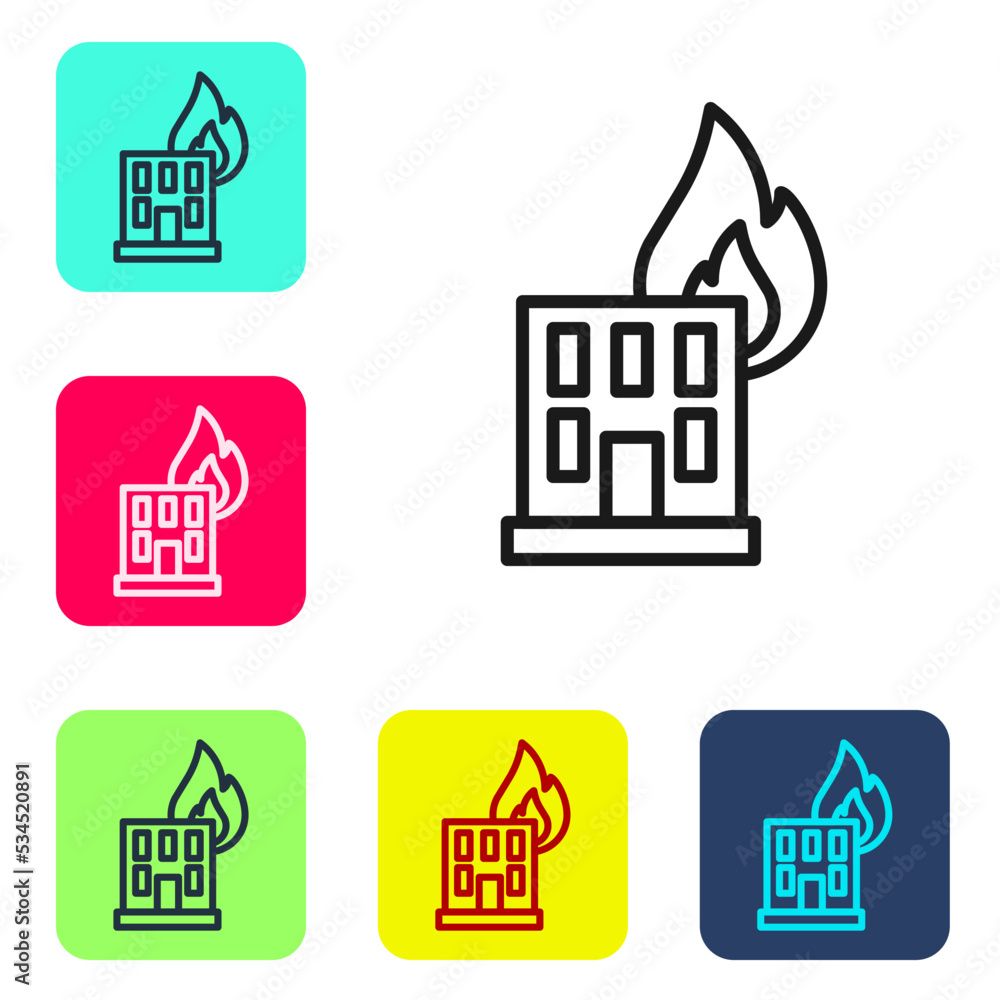 Black line Fire in burning building on city street icon isolated on white background. Destroyed city on fire. Set icons in color square buttons. Vector