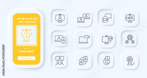 Snapshot set icon. Camera, video, frame, portrait, lens, media, photographer, social network, publication, CCTV, video surveillance. Neomorphism. UI phone app screens. Vector line icon for Business