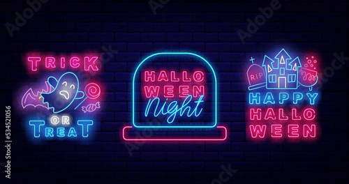 Halloween neon labels collection. Trick or treat sign. Night party advertising. Vector stock illustration