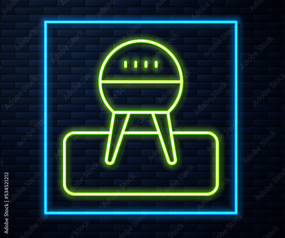 Glowing neon line Barbecue grill icon isolated on brick wall background. BBQ grill party. Vector Glowing neon line Barbecue grill icon isolated on brick wall background. BBQ grill party. Vector
