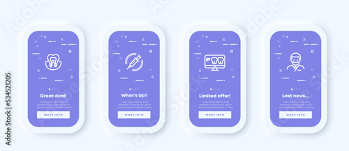 Dentist set icon. Tooth, injection, anesthesia, root, gum, mouth, enamel, doctor, snapshot, xray examination, treatment, medicine. Health care concept. Neomorphism. UI phone app screens.