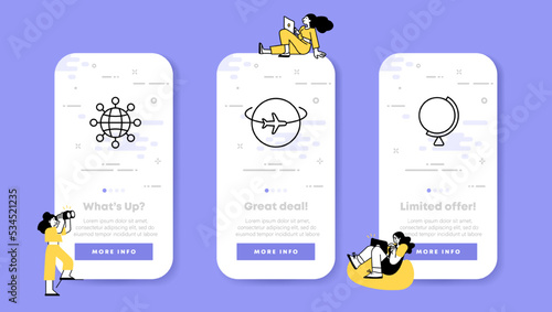Geography set icon. Globe, world, orbit, axis, equator, earth, planet, space, plane, flight, equator. Topography concept. UI phone app screens with people. Vector line icon for Business