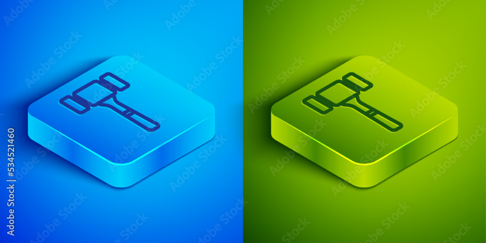 Isometric line Auction hammer icon isolated on blue and green background. Gavel - hammer of judge or auctioneer. Bidding process, deal done. Auction bidding. Square button. Vector Isometric line Auction hammer icon isolated on blue and green background. Gavel - hammer of judge or auctioneer. Bidding process, deal done. Auction bidding. Square button. Vector