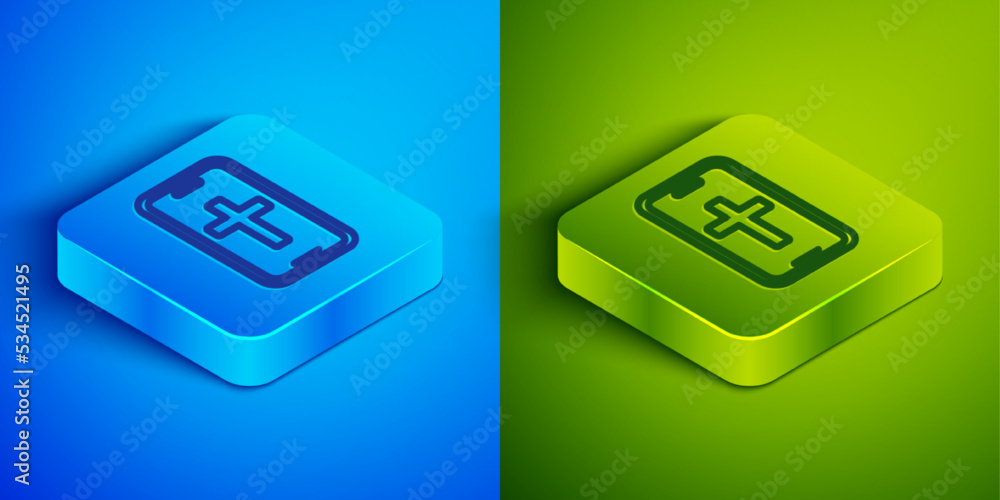 Isometric line Christian cross on mobile phone icon isolated on blue and green background. Church cross. Square button. Vector Isometric line Christian cross on mobile phone icon isolated on blue and green background. Church cross. Square button. Vector