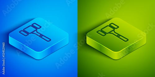 Isometric line Auction hammer icon isolated on blue and green background. Gavel - hammer of judge or auctioneer. Bidding process, deal done. Auction bidding. Square button. Vector
