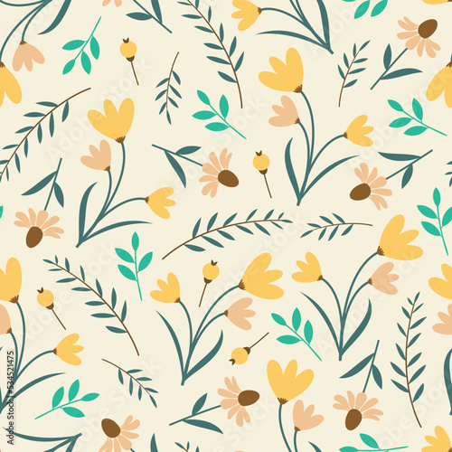 Modern artistic seamless floral ditsy pattern design. Repeat blooming abstract flowers and leaves. Texture background for textile
