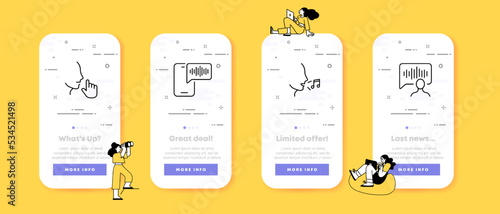Voice Set icon. Voice message, voice input, song, speech, conversation, sound track, music, notes, recording. Talk concept. UI phone app screens with people. Vector line icon for Business