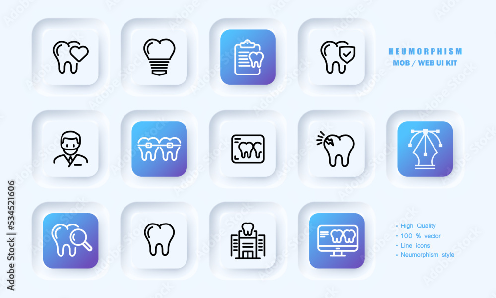 Dentist set icon. Tooth, injection, anesthesia, root, gum, mouth, enamel, artificial limb, doctor, snapshot, xray prosthesis, examination, treatment, medicine. Health care concept. Neomorphism style Dentist set icon. Tooth, injection, anesthesia, root, gum, mouth, enamel, artificial limb, doctor, snapshot, xray prosthesis, examination, treatment, medicine. Health care concept. Neomorphism style