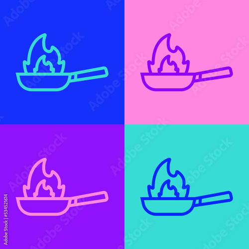 Pop art line Pan with fire icon isolated on color background. Vector