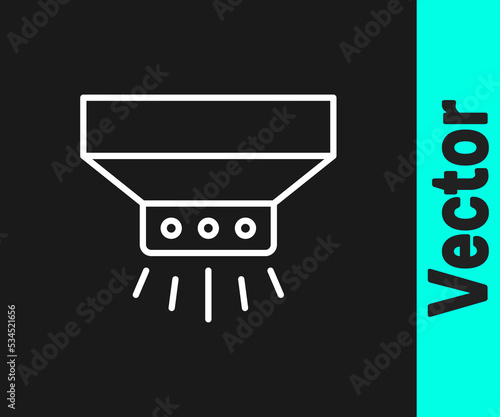White line Fire sprinkler system icon isolated on black background. Sprinkler, fire extinguisher solid icon. Vector