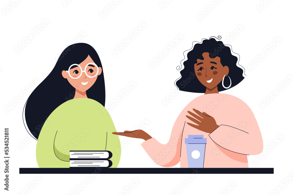 Young people communicate in public place. Concept of meeting, friendship, conversations, teamwork, training and mentoring. Young people communicate in public place. Concept of meeting, friendship, conversations, teamwork, training and mentoring.