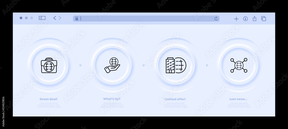 Globe set icon. Briefcase, building, planet in hand, equator, earth, planet, space, solar system, cosmos, universe. Topography concept. Neomorphism website interface. Vector line icon for Business Globe set icon. Briefcase, building, planet in hand, equator, earth, planet, space, solar system, cosmos, universe. Topography concept. Neomorphism website interface. Vector line icon for Business