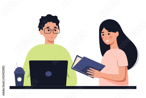 Young people communicate in public place. Concept of meeting, friendship, conversations, teamwork, training and mentoring.