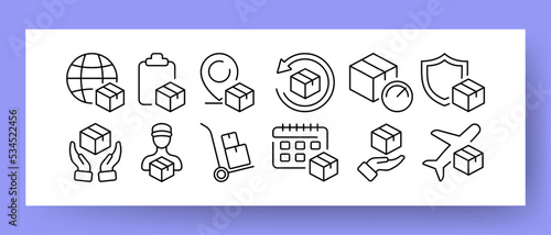 Delivery set icon. Safe, fast delivery by air to anywhere in the world. Planet, pointer, clock, shield, calendar, plane, trolley. Order concept. Vector line icon for Business and Advertising