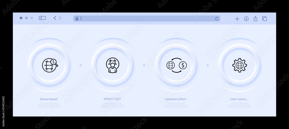 Globe set icon. Planet with a magnifying glass, coin, dollar, man, globe, earth, setting, exchanging earth for money. Money concept. Neomorphism style. Vector line icon for Business and Advertising Globe set icon. Planet with a magnifying glass, coin, dollar, man, globe, earth, setting, exchanging earth for money. Money concept. Neomorphism style. Vector line icon for Business and Advertising