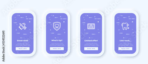 Dentist set icon. Tooth, injection, anesthesia, toothpaste, mouth, enamel, artificial limb, doctor, brush, diploma. Health care concept. Neomorphism. UI phone app screen. Vector line icon for Business