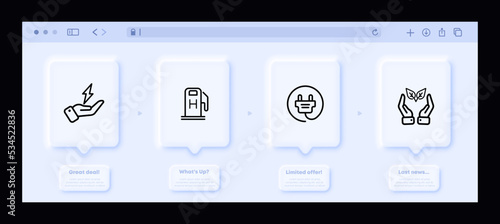 Green energy set icon. Lightning, electricity, fuel, gas station, gasoline, oil, socket, plug, environmentally friendly, save the planet. Neomorphism website interface. Vector line icon for Business