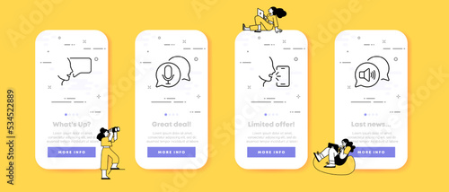 Voice recognition line icon. Identification , biometrics, authentication, speech ID, noise, message, chat, microphone, loudspeaker. Verification concept. UI phone app screens with people. Vector icon