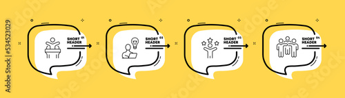 Society set icon. Tribune, pulpit, performance, speech, 5 stars, feedback, idea, light bulb, inspiration, friendship. Management concept. Infographic timeline with icons and steps 4. Vector line icon