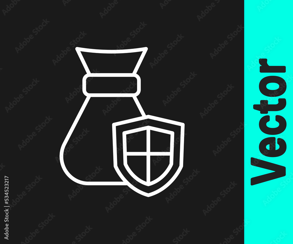 White line Money bag with shield icon isolated on black background. Insurance concept. Security, safety, protection, protect concept. Vector White line Money bag with shield icon isolated on black background. Insurance concept. Security, safety, protection, protect concept. Vector
