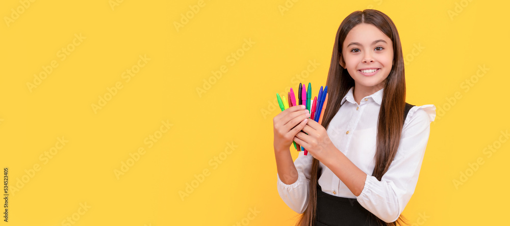 Back to school supplies. Happy kid hold felt-tip pens. Back to school. Creative education. Banner of school girl student. Schoolgirl pupil portrait with copy space.