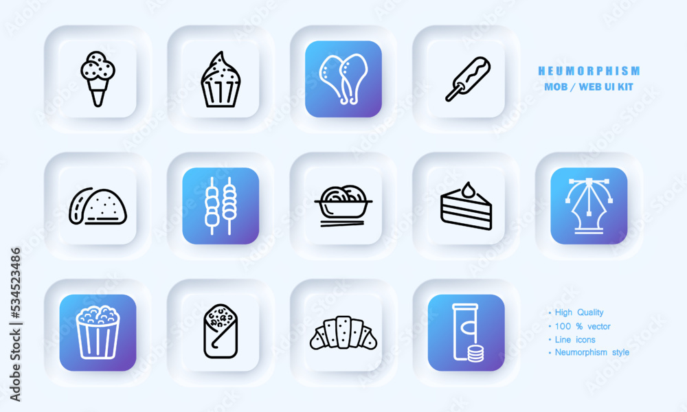 Ice cream set icon. Glaze, chocolate, on a stick, ice cream, frozen juice, croissant, chicken, barbecue, popcorn, sweetness. Yummy concept. Neomorphism style. Vector line icon for Business Ice cream set icon. Glaze, chocolate, on a stick, ice cream, frozen juice, croissant, chicken, barbecue, popcorn, sweetness. Yummy concept. Neomorphism style. Vector line icon for Business