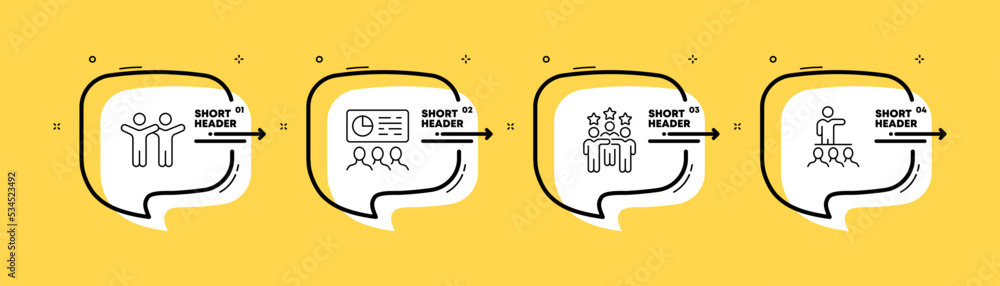 Business set icon. Society, relationships, friendship, management, infographics, chart, delegation, 3 stars, achievements. Infographic timeline with icons and 4 step. Vector line icon for Business