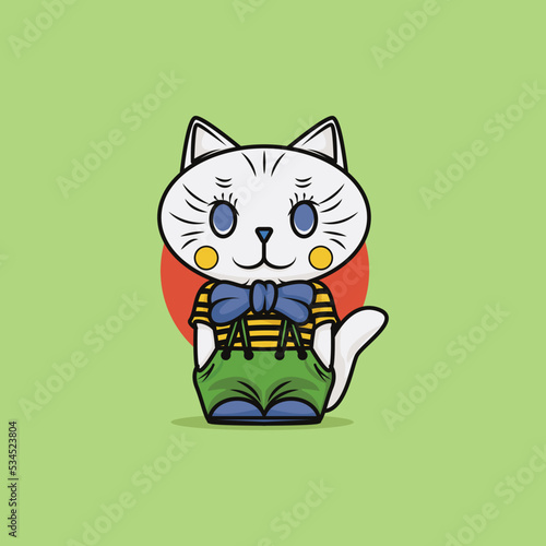 Illustration of cute cat with clothes and ribbon. icon concept in flat cartoon style