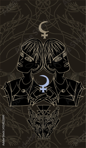 Tarot card back design, back side. Lilith and Selena, Black and White Moon