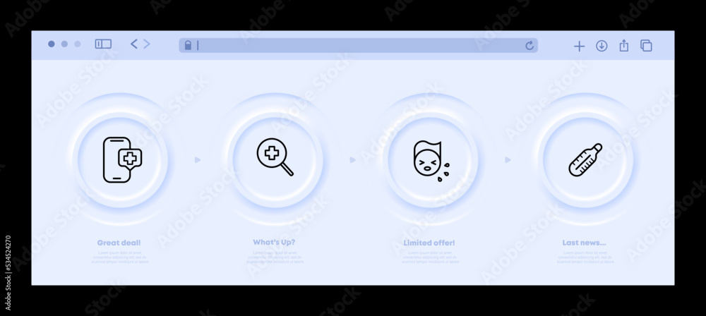 The medicine set icon. Call an ambulance, doctor online, thermometer, temperature, fever, magnifier, search, cough, sneeze. Neomorphism website interface. Vector line icon for Business and Advertising The medicine set icon. Call an ambulance, doctor online, thermometer, temperature, fever, magnifier, search, cough, sneeze. Neomorphism website interface. Vector line icon for Business and Advertising