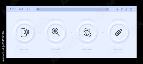 The medicine set icon. Call an ambulance, doctor online, thermometer, temperature, fever, magnifier, search, cough, sneeze. Neomorphism website interface. Vector line icon for Business and Advertising