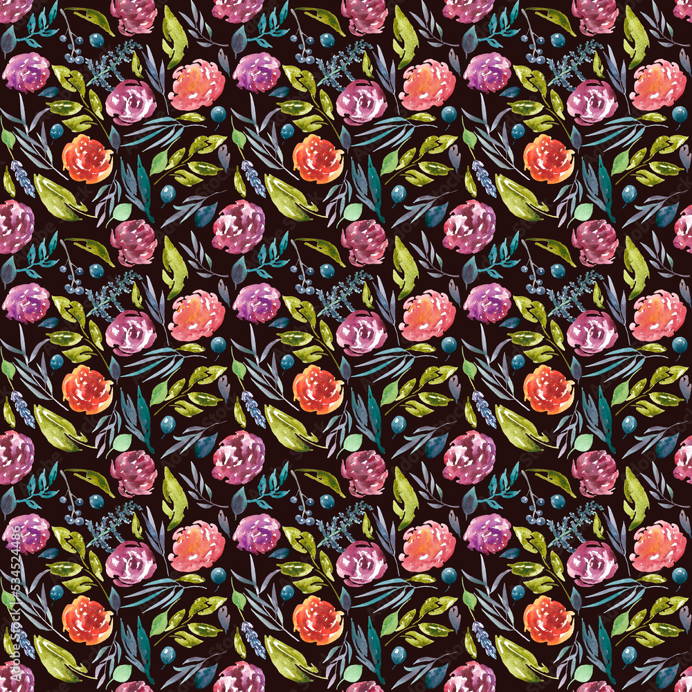 Naklejka premium Watercolor black rustic seamless pattern, botanical floral digital paper, wildflower wallpaper, gift wrapping, herbs,greenery,flowers, countryside, forest, village, fabric printable for kids ,nursery