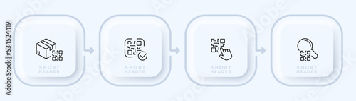 QR codes set icon. Sticker, product labeling, encrypted information, success, scan, magnifier, click, purchase, shopping. Technology concept. Neomorphism style. Vector line icon for Business