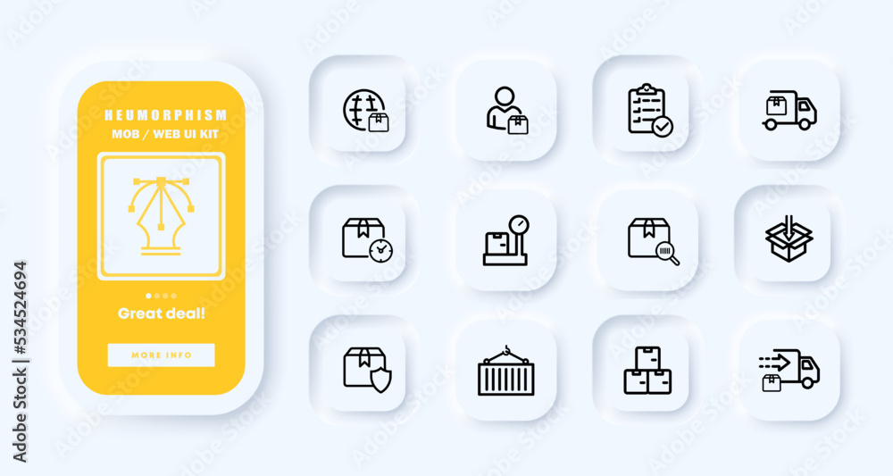 Delivery set icon. Safe, fast delivery by air to anywhere in the world. Planet, pointer, clock, shield, calendar, plane, trolley. Order concept. Neomorphism. UI phone app screen. Vector line icon Delivery set icon. Safe, fast delivery by air to anywhere in the world. Planet, pointer, clock, shield, calendar, plane, trolley. Order concept. Neomorphism. UI phone app screen. Vector line icon