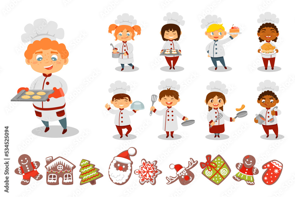 Kids Chef in Toque Cooking Food and Gingerbread Holiday Treat Big Vector Set